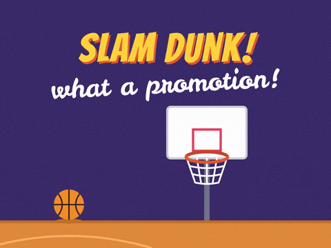 Slam Dunk Promotion Basketball Hoop Slam dunk, what a promotion: a basketball arcs through the hoop and bounces on the court on a purple background