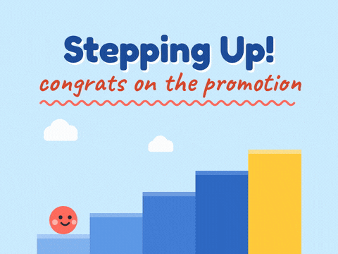 Stepping up, congrats on the promotion: a smiling character hops up blue steps to a gold top step and flag