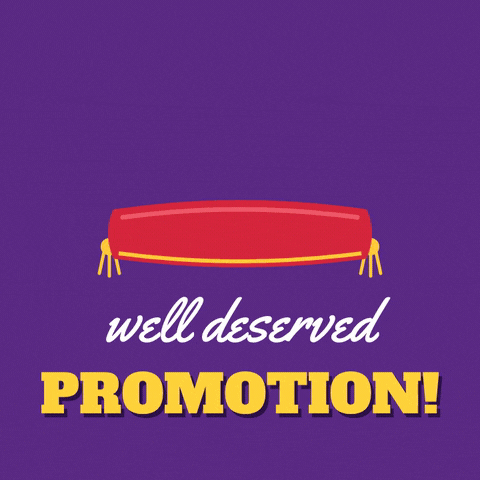 Well Deserved Promotion Gold Crown Well deserved promotion: a gold crown drops onto a red velvet cushion with sparkles on a royal purple background