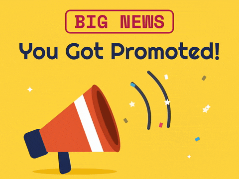 Big news, you got promoted: an orange megaphone blasting sound waves and confetti on a bright yellow background