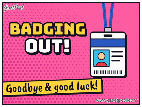 Badging out goodbye and good luck with a staff ID badge swinging on a lanyard, pink comic halftone