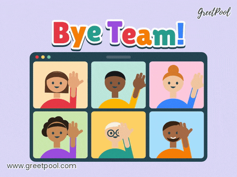 Animated bye team GIF of coworkers waving goodbye in a video call grid