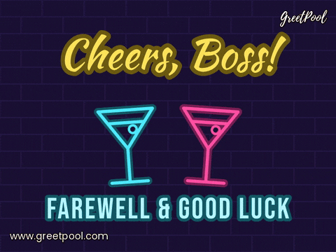 Cheers, boss neon sign with two cocktail glasses clinking and Farewell and good luck on a brick wall