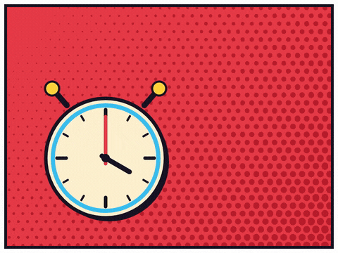 Clocking out happy last day with an office clock striking five and ringing on red comic halftone dots