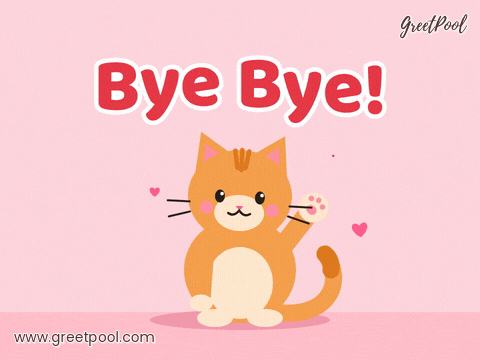 Animated cute goodbye GIF of a small cat waving a paw with bye bye lettering