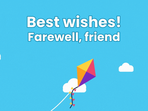 Best wishes, farewell friend message with a colourful kite swaying past clouds in a blue sky