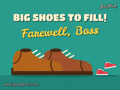 Big shoes to fill, farewell boss with giant brown dress shoes and tiny red sneakers hopping beside them