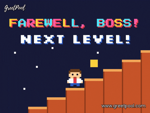 Farewell, boss next level pixel art with an 8-bit boss in a red tie hopping up endless brick stairs