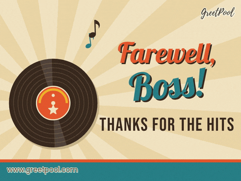 Farewell, boss retro poster with a spinning vinyl record, music notes and Thanks for the hits lettering