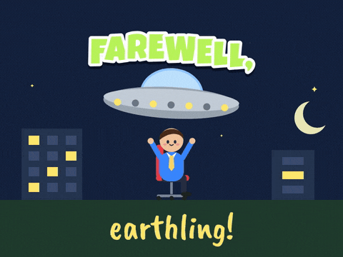 Farewell, earthling, a UFO beams a waving coworker up in his office chair over a night city