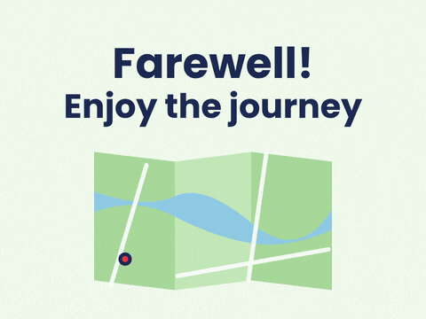 Farewell, enjoy the journey message over a folded map with a dotted route leading to a heart pin