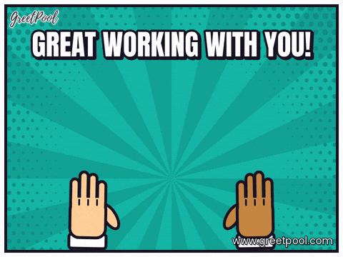 Farewell High Five Great Working Great working with you farewell with two coworkers high-fiving under a comic burst on teal halftone rays