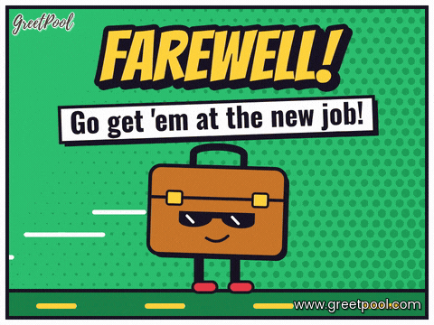 Farewell, go get 'em at the new job with a briefcase in sunglasses strutting along, green comic halftone