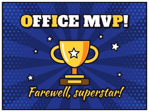 Farewell Office Mvp Trophy Superstar Office MVP farewell superstar with a gold trophy hopping among stars on navy comic rays and halftone dots