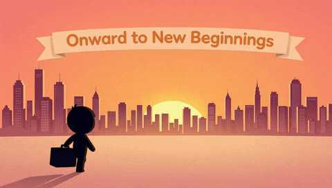 Farewell Onward To New Beginnings Skyline Onward to New Beginnings farewell banner over a city skyline at sunset as a little figure walks off with a suitcase