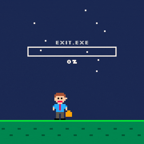 Farewell Pixel Exit Loading Farewell pixel art, an exit progress bar stalls at 99 percent then hits 100 and the coworker jumps, bye bye
