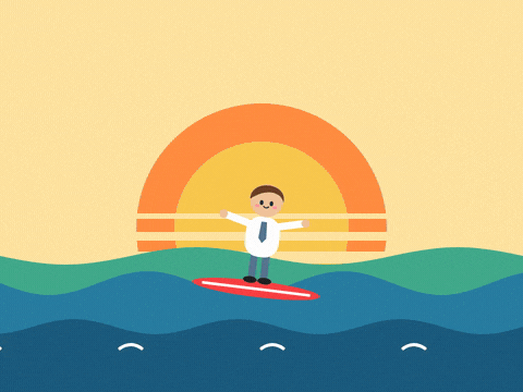 Farewell Surfer Catch Flip Side Farewell, catch you on the flip side, a coworker in a tie surfs a wave in front of a retro striped sunset
