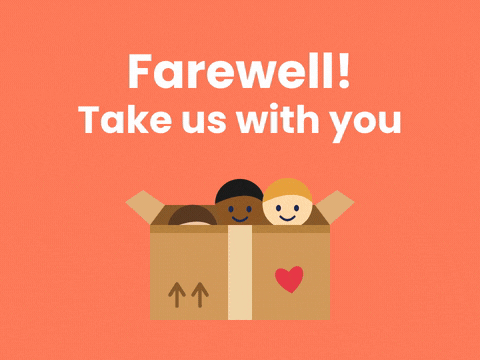 Farewell, take us with you message as three coworkers pop up out of a cardboard moving box