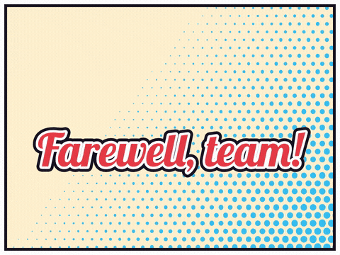 Farewell Team Paper Plane Whoosh Farewell, team lettering with a paper plane whooshing past on a dotted trail, comic halftone style