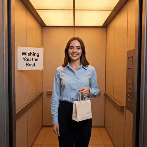 Wishing You the Best sign in an office elevator as a smiling colleague waves goodbye before the doors close
