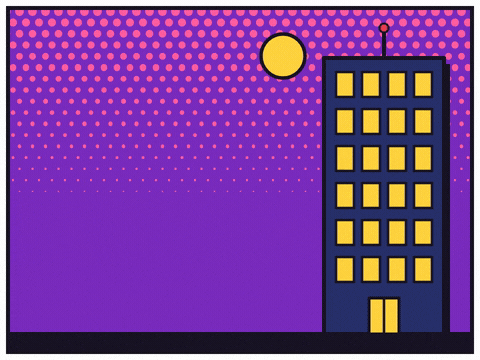 Farewell, you've left the building as office tower lights switch off at night in comic halftone style