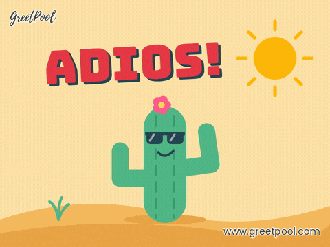 Funny adios goodbye with a cactus in sunglasses waving an arm in a sunny desert