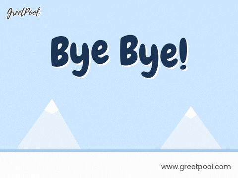 Funny bye bye lettering with a penguin sliding past on its belly across the ice and waving a flipper