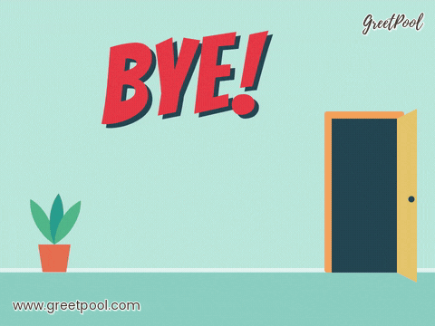 Animated funny bye GIF of a coworker sprinting out the office door with a box of desk things