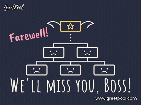 We'll miss you, boss chalk org chart with the top box flying away on wings and sad faces below