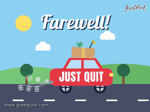 Funny Farewell Just Quit Car Farewell, a red car with a just quit sign drives off with a desk box on the roof and tin cans bouncing behind