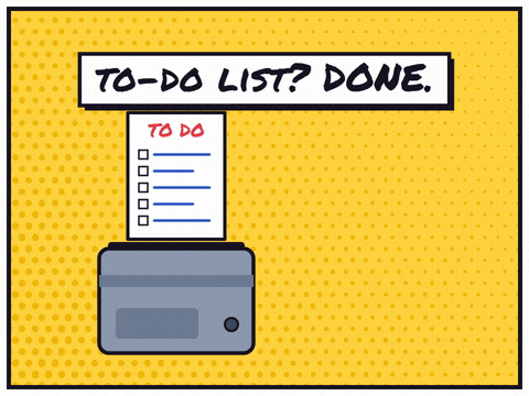 Funny Farewell Shredder To Do List Farewell comic, to-do list done, a to-do list goes into a shredder that blasts confetti under a red starburst