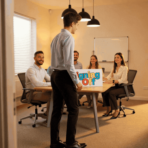 Signing Off farewell sign as a grinning coworker moonwalks out of a meeting room while the team laughs and claps