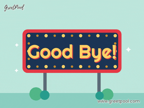 Good Bye lettering on a red and navy marquee sign with blinking yellow bulbs on a teal background