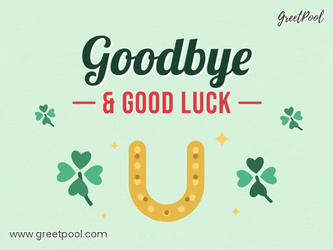 Goodbye And Good Luck Horseshoe Goodbye and good luck lettering with a swinging gold horseshoe and four-leaf clovers on pale green
