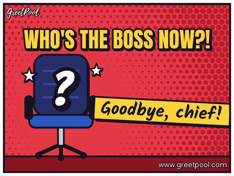 Who's the boss now, goodbye chief comic with a question mark bouncing on an empty boss chair
