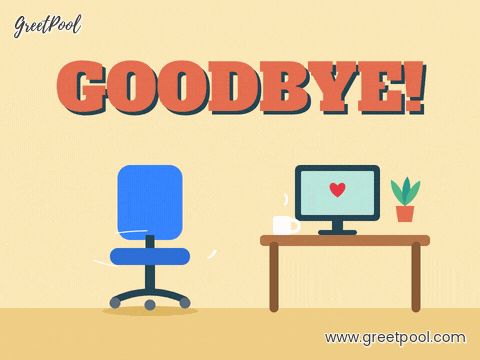 Goodbye Empty Office Chair Spinning Goodbye lettering over an empty blue office chair spinning beside a desk with a monitor, mug and plant