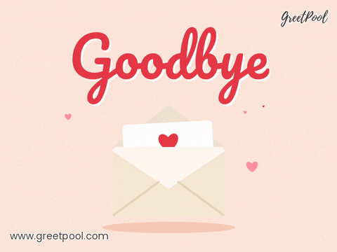 Goodbye script lettering above an open envelope with a heart card and hearts floating up, heartfelt farewell