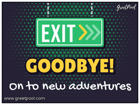 Goodbye, on to new adventures under a swinging green exit sign with chasing arrows, dark comic halftone