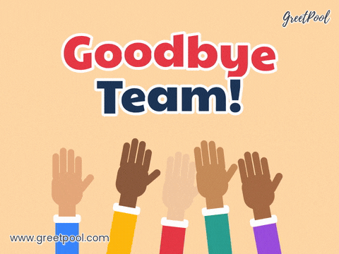 Goodbye team lettering above five raised hands in colourful sleeves waving goodbye together