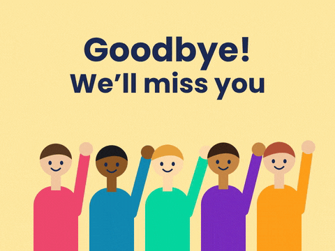 Goodbye, we'll miss you farewell message with five coworkers in bright shirts waving together