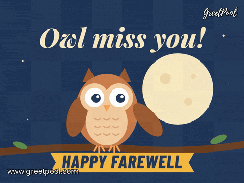 Owl Miss You Farewell Owl miss you, happy farewell, a cute brown owl on a branch waves a wing in front of a full moon at night