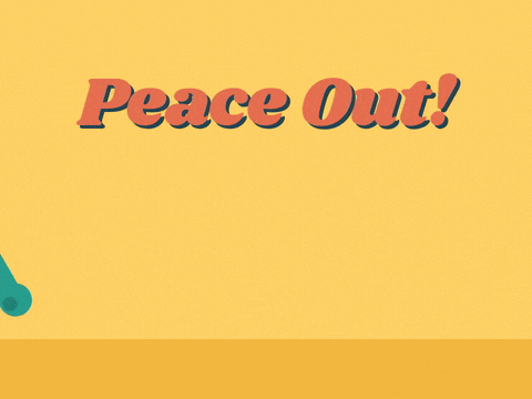 Animated funny goodbye GIF of a character in sunglasses throwing a peace sign before walking off