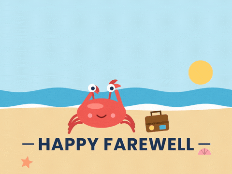 Sea you later, happy farewell, a smiling red crab waves both claws on the beach next to a little suitcase