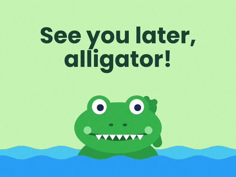 See you later, alligator farewell with a cute green alligator waving goodbye from blue water