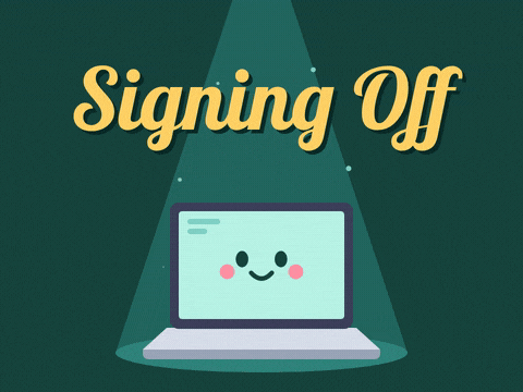 Animated signing off GIF of a laptop snapping shut under a spotlight at the end of the workday