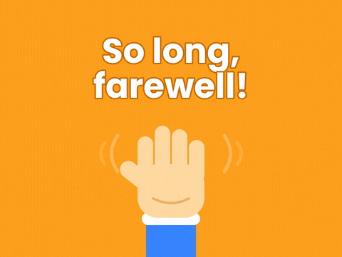 So long, farewell message with a big hand waving goodbye on a bright orange background