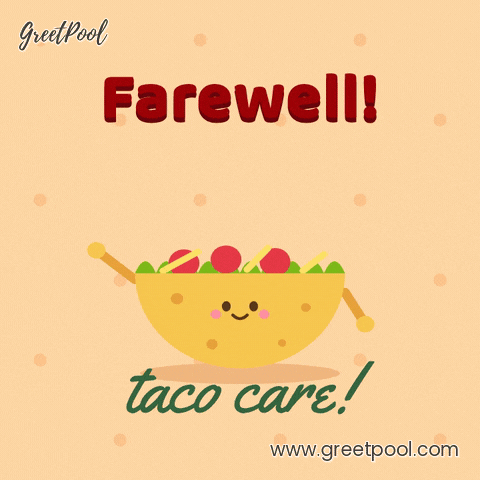 Taco Care Funny Farewell Farewell, taco care, a smiling taco with lettuce and tomatoes hops and waves on a peach polka dot background