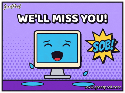 We'll miss you farewell with a sobbing office computer crying puddles and a comic Sob burst on lilac