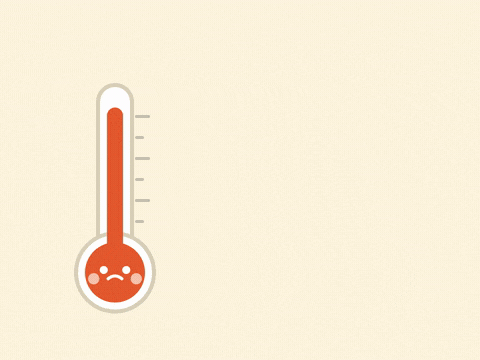 Feel better soon thermometer cooling from red to green and smiling with sparkles on a cream background