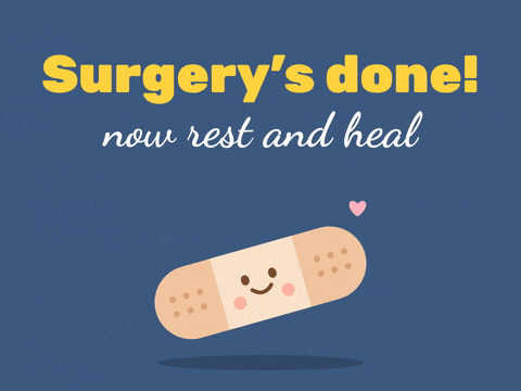 Surgery's done, now rest and heal message with a smiling bandage and floating pink hearts